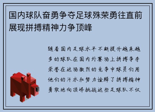 国内球队奋勇争夺足球殊荣勇往直前展现拼搏精神力争顶峰