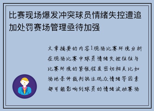 比赛现场爆发冲突球员情绪失控遭追加处罚赛场管理亟待加强