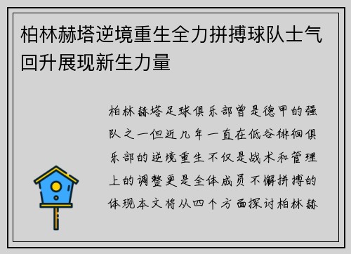 柏林赫塔逆境重生全力拼搏球队士气回升展现新生力量