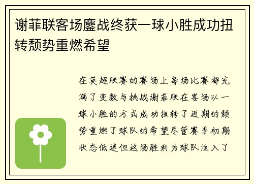谢菲联客场鏖战终获一球小胜成功扭转颓势重燃希望