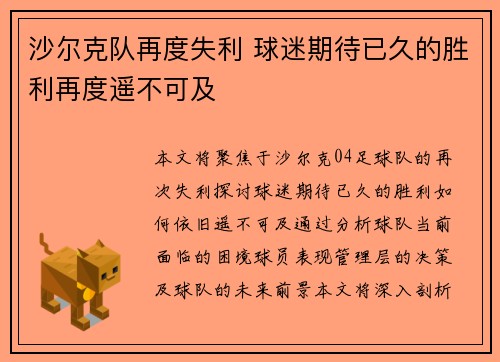沙尔克队再度失利 球迷期待已久的胜利再度遥不可及
