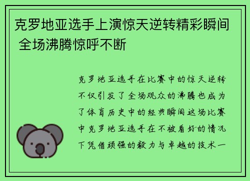 克罗地亚选手上演惊天逆转精彩瞬间 全场沸腾惊呼不断