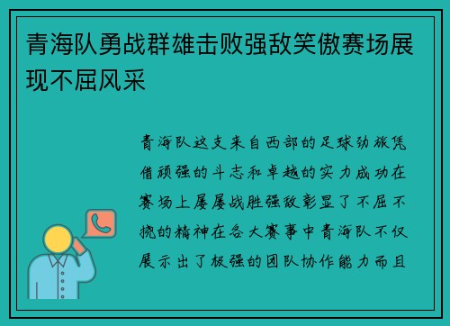 青海队勇战群雄击败强敌笑傲赛场展现不屈风采
